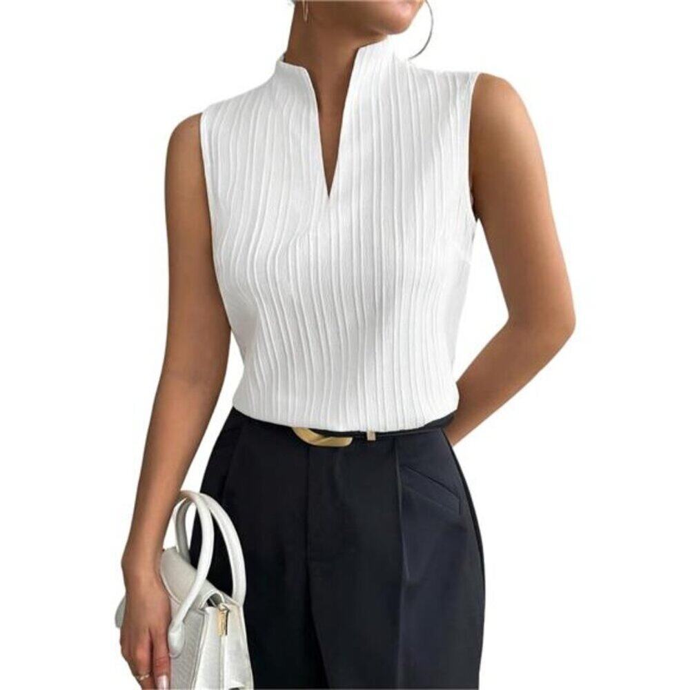 Women's Deep V Neck Sleeveless Work White Tops Ta Tops Blouses Business Casual - Picture 2 of 7